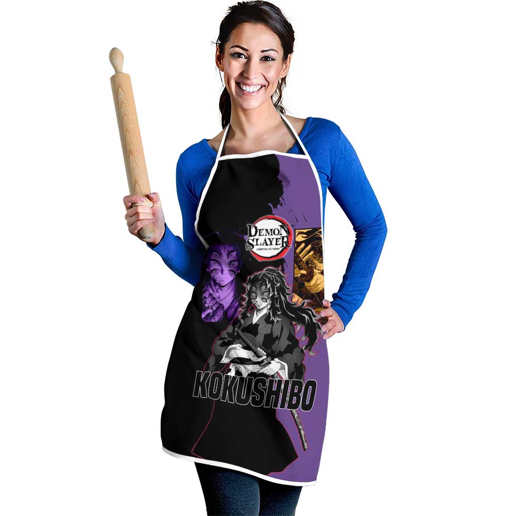 Kokushibo from Demon Slayer Apron with Purple and Black Split Background and Sword Draw Manga Style Design - The Mazicc