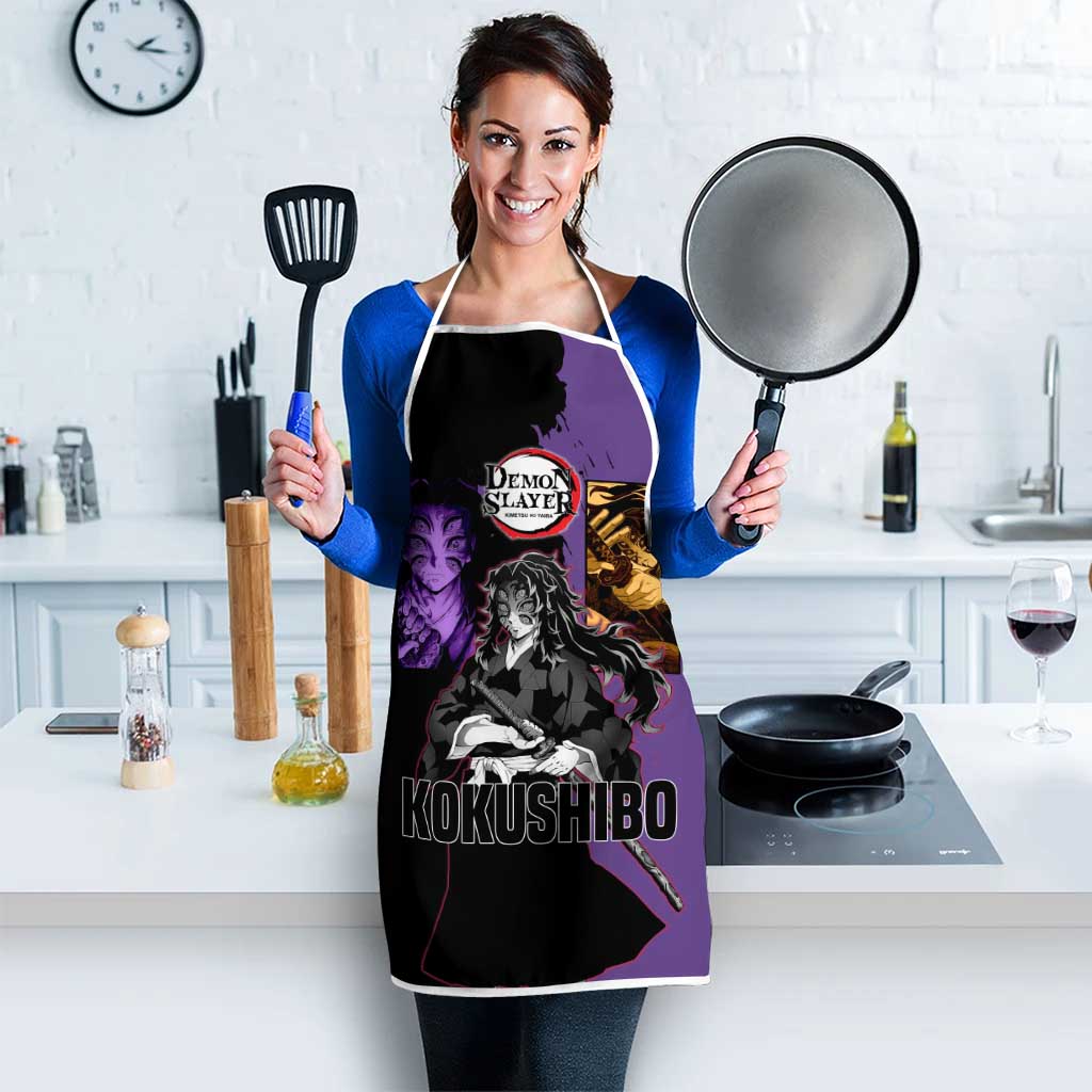 Kokushibo from Demon Slayer Apron with Purple and Black Split Background and Sword Draw Manga Style Design - The Mazicc