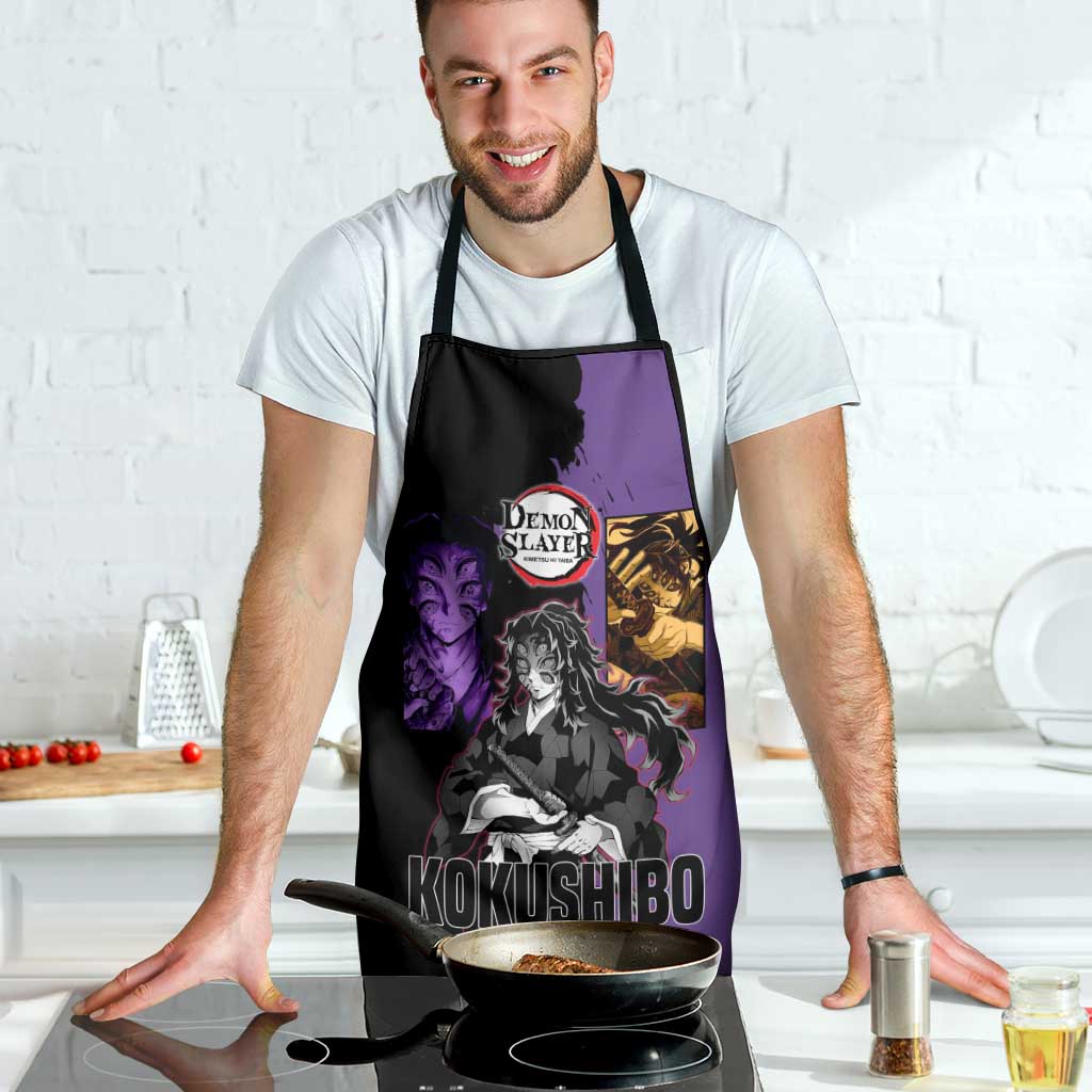 Kokushibo from Demon Slayer Apron with Purple and Black Split Background and Sword Draw Manga Style Design - The Mazicc