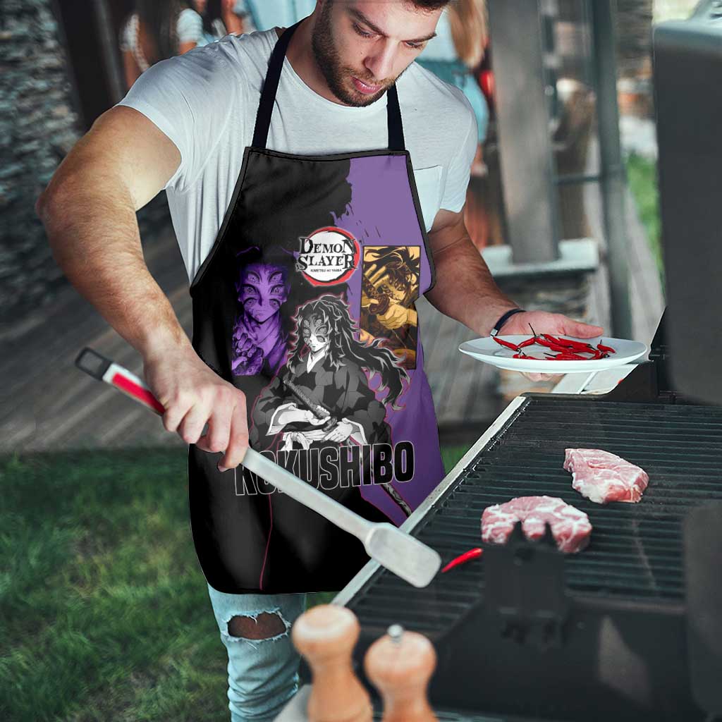 Kokushibo from Demon Slayer Apron with Purple and Black Split Background and Sword Draw Manga Style Design - The Mazicc