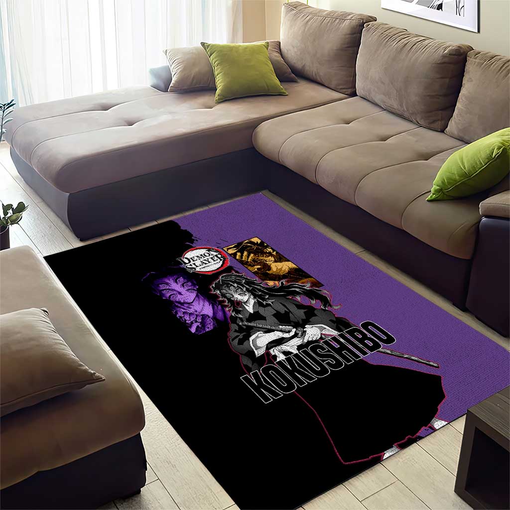 Kokushibo from Demon Slayer Area Rug with Purple and Black Split Background and Sword Draw Manga Style Design - The Mazicc