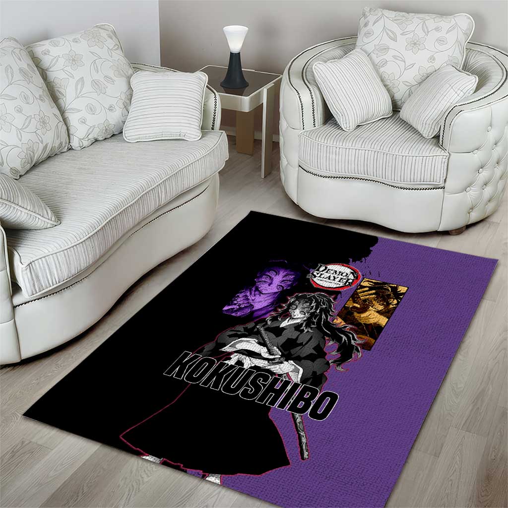 Kokushibo from Demon Slayer Area Rug with Purple and Black Split Background and Sword Draw Manga Style Design - The Mazicc