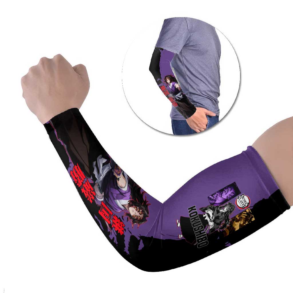 Kokushibo from Demon Slayer Arm Sleeves with Purple and Black Split Background and Sword Draw Manga Style Design - The Mazicc