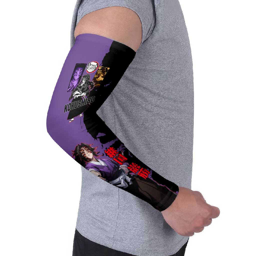 Kokushibo from Demon Slayer Arm Sleeves with Purple and Black Split Background and Sword Draw Manga Style Design - The Mazicc