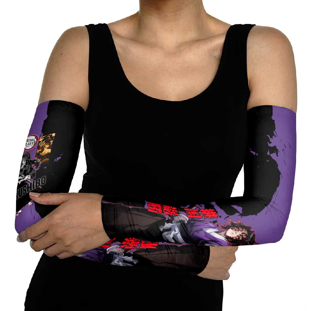 Kokushibo from Demon Slayer Arm Sleeves with Purple and Black Split Background and Sword Draw Manga Style Design - The Mazicc