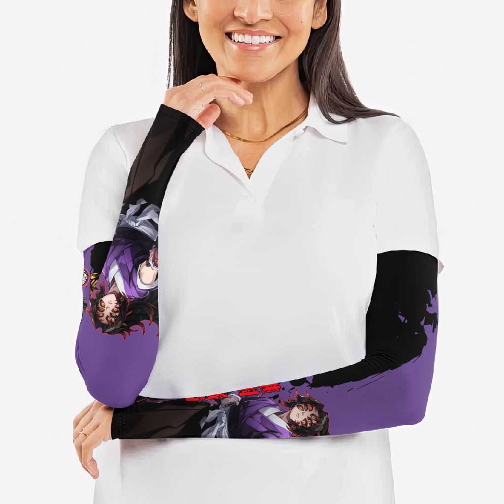 Kokushibo from Demon Slayer Arm Sleeves with Purple and Black Split Background and Sword Draw Manga Style Design - The Mazicc