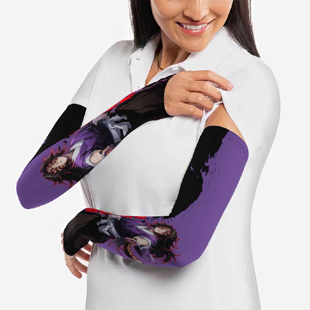 Kokushibo from Demon Slayer Arm Sleeves with Purple and Black Split Background and Sword Draw Manga Style Design - The Mazicc
