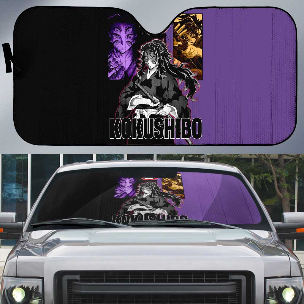Kokushibo from Demon Slayer Auto Sun Shade with Purple and Black Split Background and Sword Draw Manga Style Design - The Mazicc