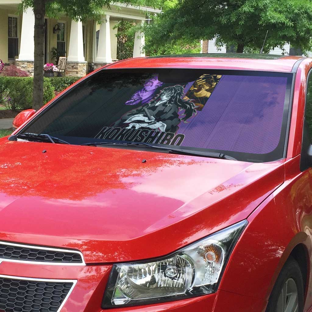 Kokushibo from Demon Slayer Auto Sun Shade with Purple and Black Split Background and Sword Draw Manga Style Design - The Mazicc