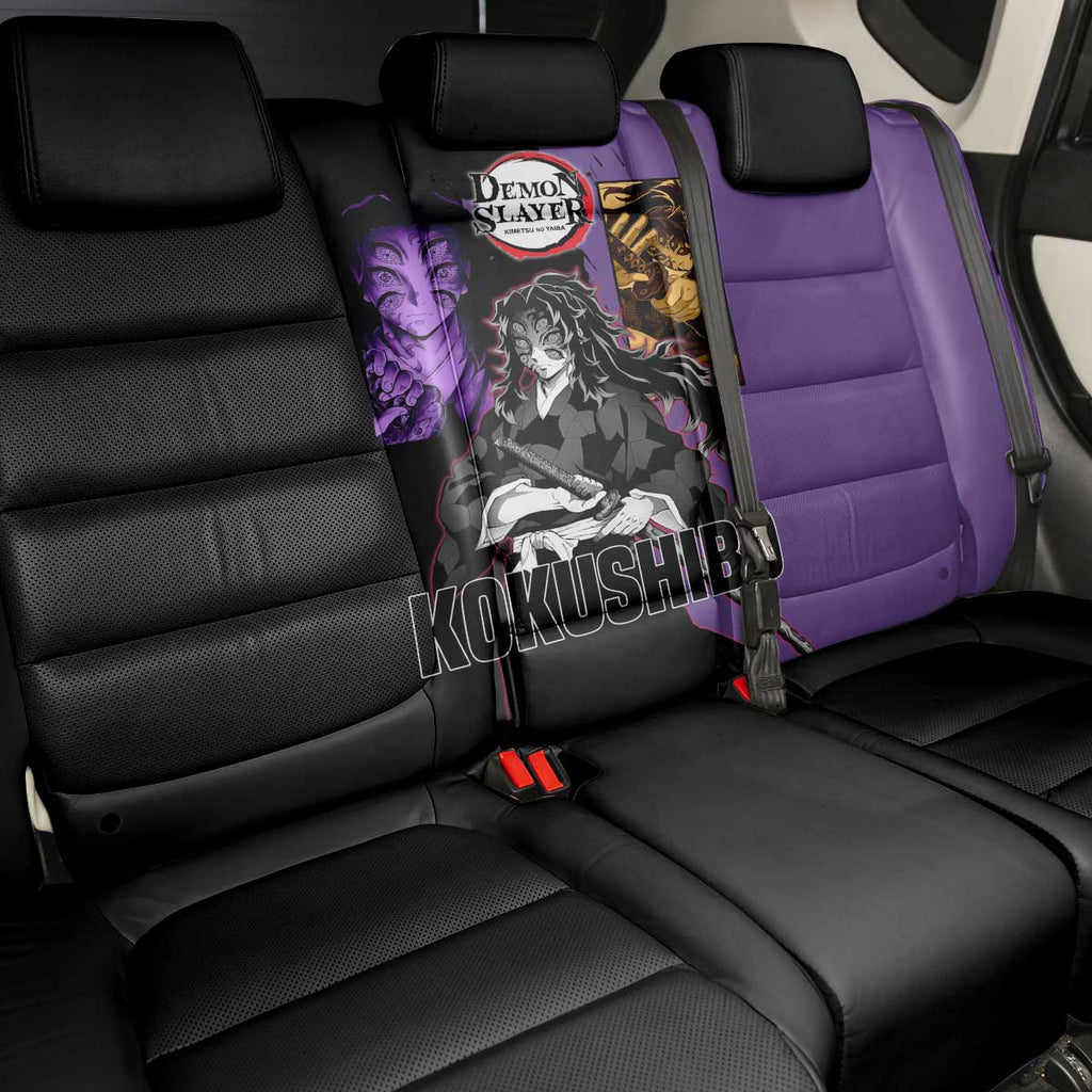 Kokushibo from Demon Slayer Back Car Seat Cover with Purple and Black Split Background and Sword Draw Manga Style Design - The Mazicc