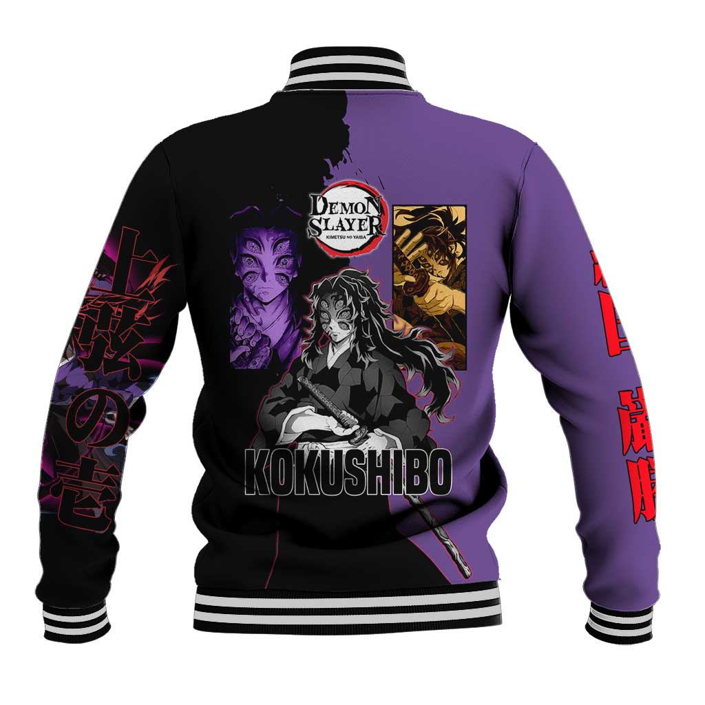 Kokushibo from Demon Slayer Baseball Jacket with Purple and Black Split Background and Sword Draw Manga Style Design - The Mazicc