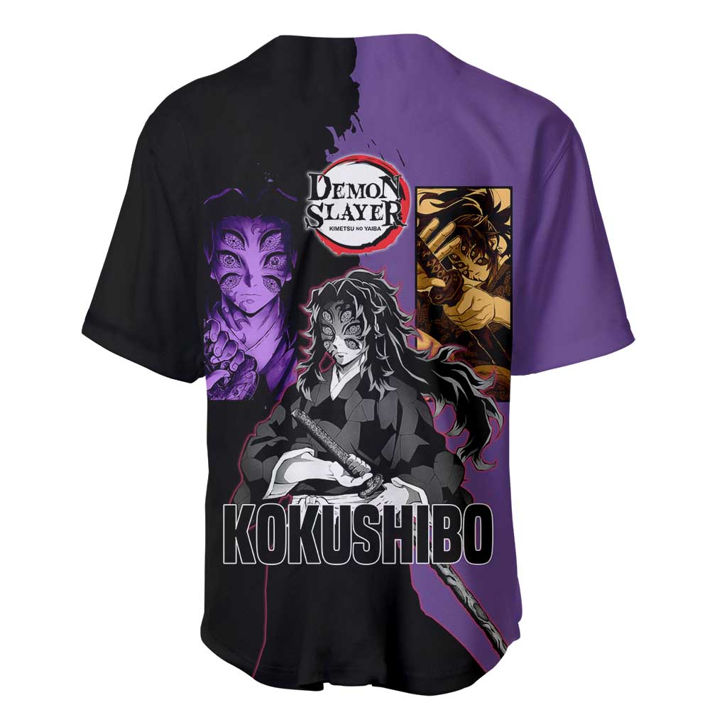 Kokushibo from Demon Slayer Baseball Jersey with Purple and Black Split Background and Sword Draw Manga Style Design - The Mazicc