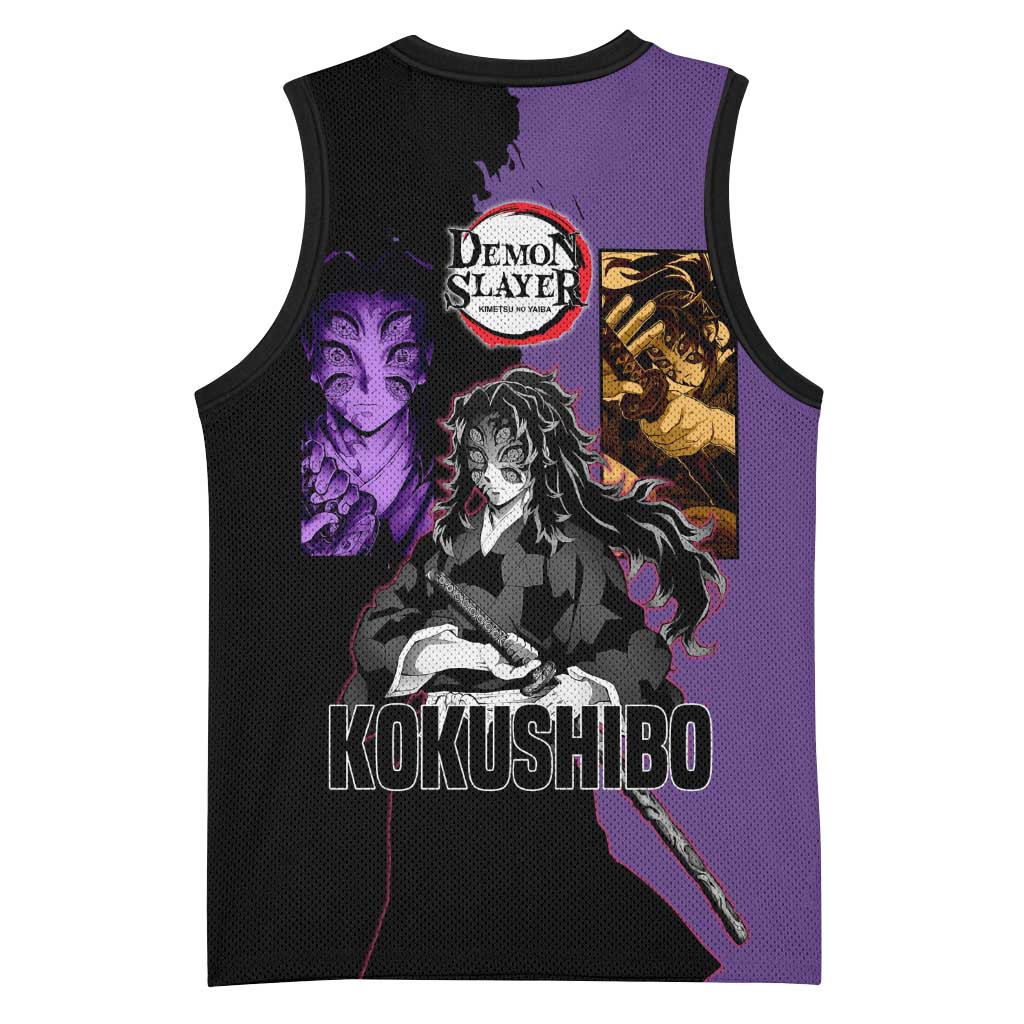 Kokushibo from Demon Slayer Basketball Jersey with Purple and Black Split Background and Sword Draw Manga Style Design - The Mazicc