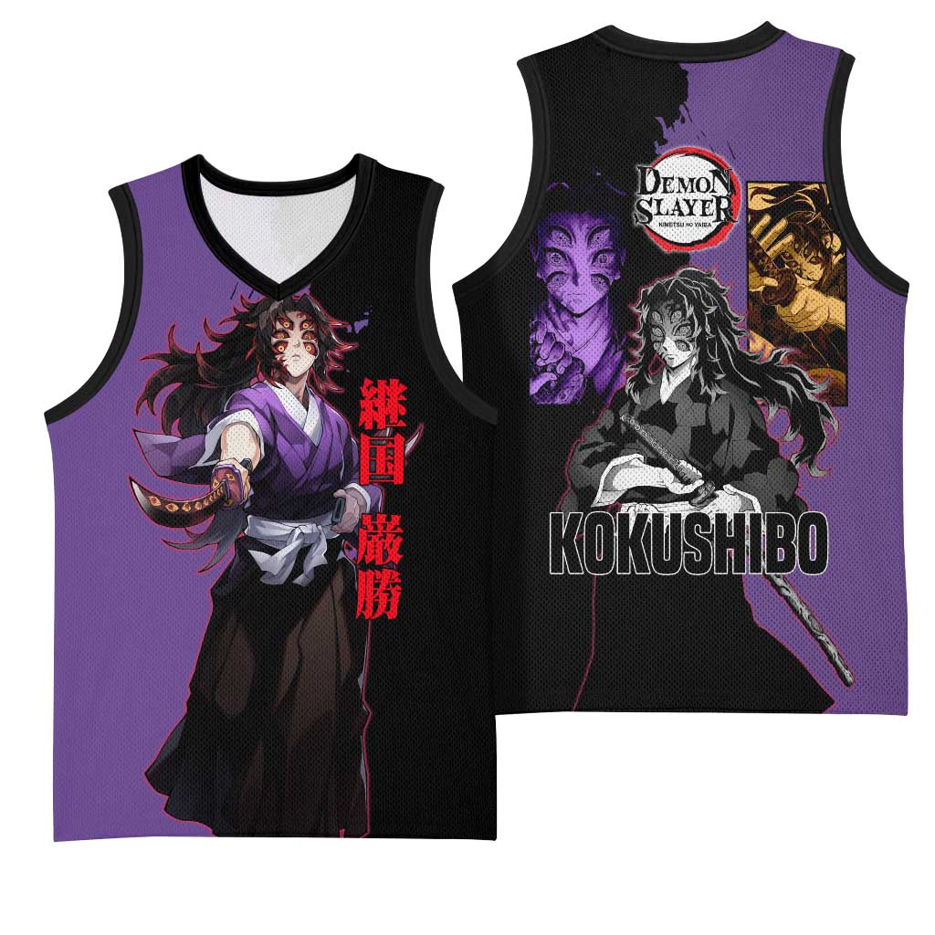 Kokushibo from Demon Slayer Basketball Jersey with Purple and Black Split Background and Sword Draw Manga Style Design - The Mazicc