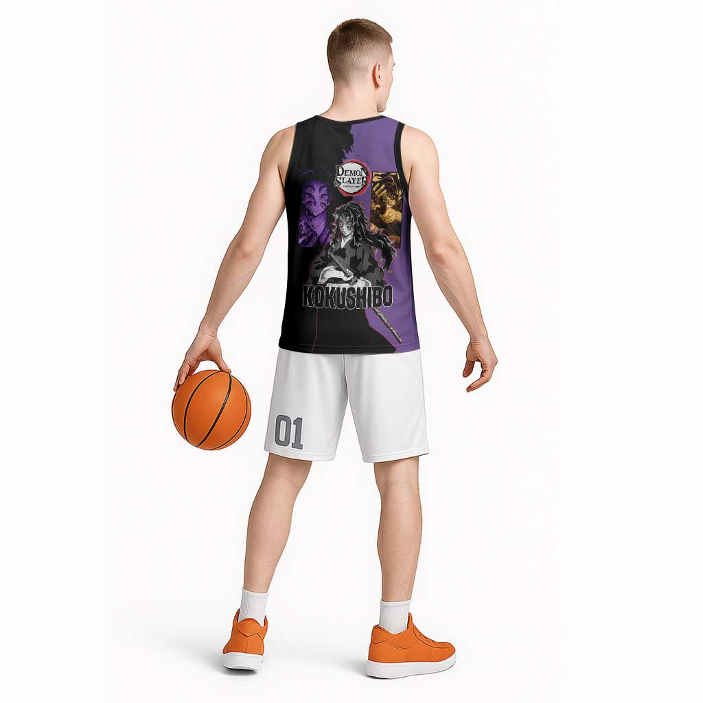 Kokushibo from Demon Slayer Basketball Jersey with Purple and Black Split Background and Sword Draw Manga Style Design - The Mazicc