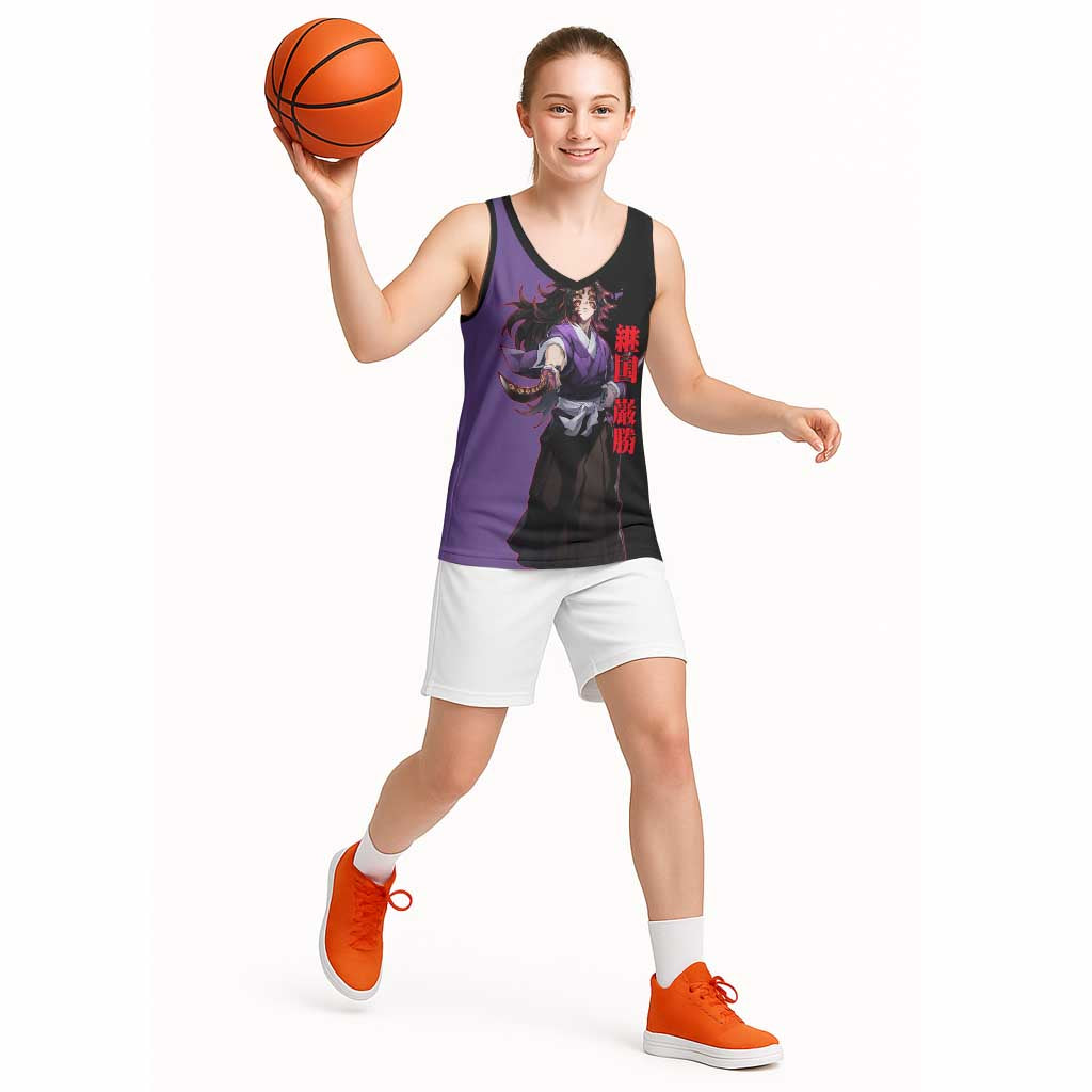 Kokushibo from Demon Slayer Basketball Jersey with Purple and Black Split Background and Sword Draw Manga Style Design - The Mazicc