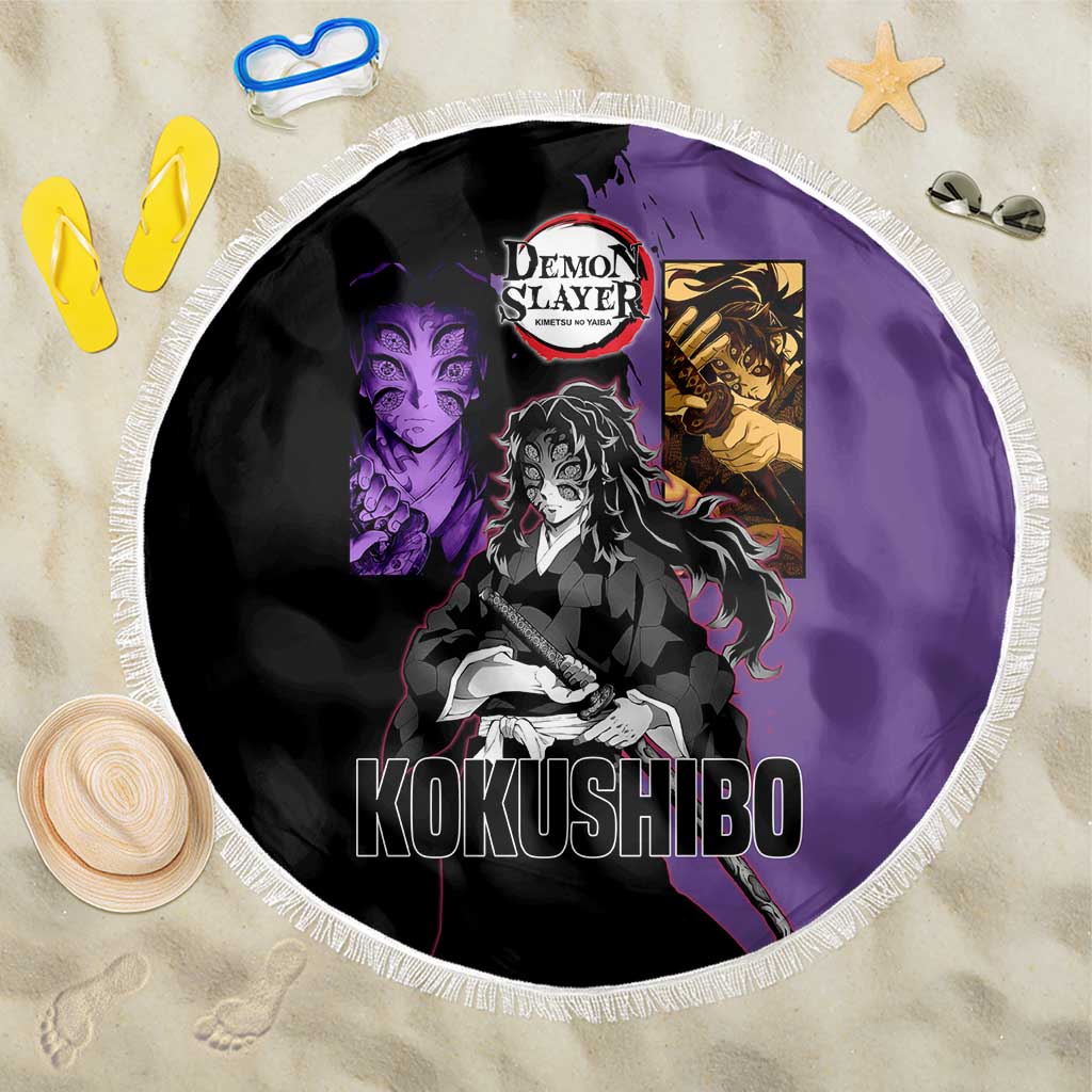Kokushibo from Demon Slayer Beach Blanket with Purple and Black Split Background and Sword Draw Manga Style Design - The Mazicc