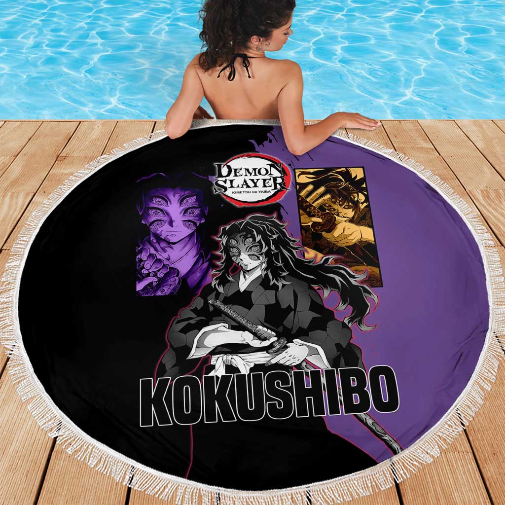 Kokushibo from Demon Slayer Beach Blanket with Purple and Black Split Background and Sword Draw Manga Style Design - The Mazicc