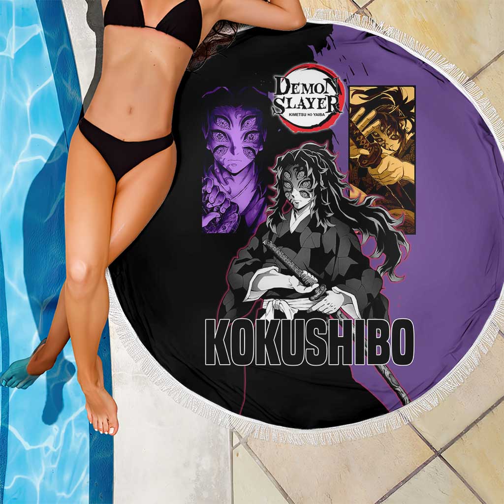 Kokushibo from Demon Slayer Beach Blanket with Purple and Black Split Background and Sword Draw Manga Style Design - The Mazicc