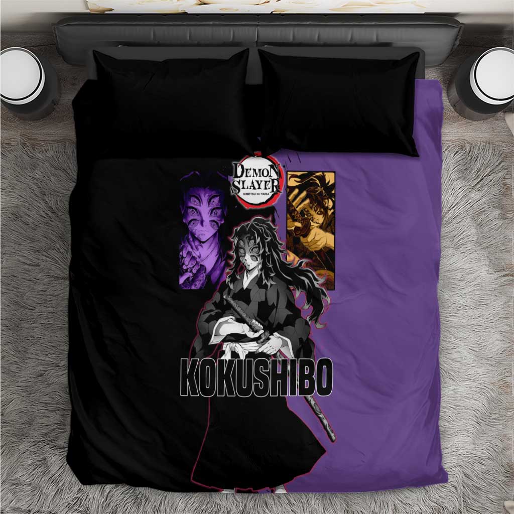 Kokushibo from Demon Slayer Bedding Set with Purple and Black Split Background and Sword Draw Manga Style Design - The Mazicc