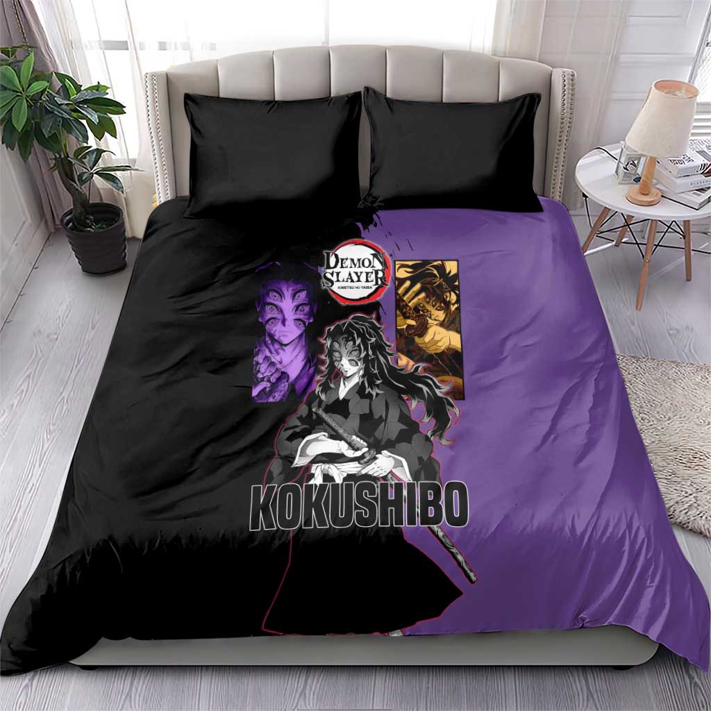 Kokushibo from Demon Slayer Bedding Set with Purple and Black Split Background and Sword Draw Manga Style Design - The Mazicc