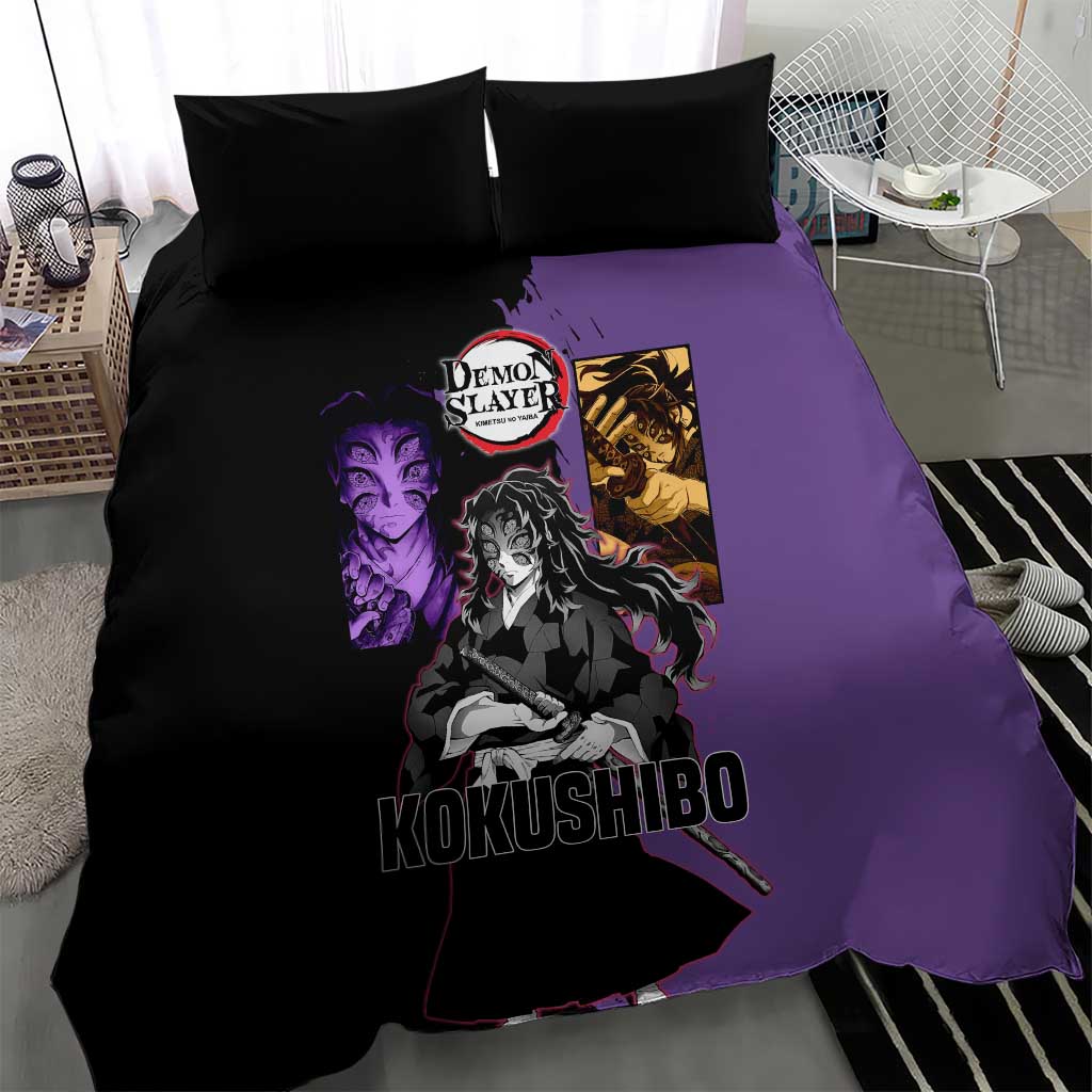 Kokushibo from Demon Slayer Bedding Set with Purple and Black Split Background and Sword Draw Manga Style Design - The Mazicc
