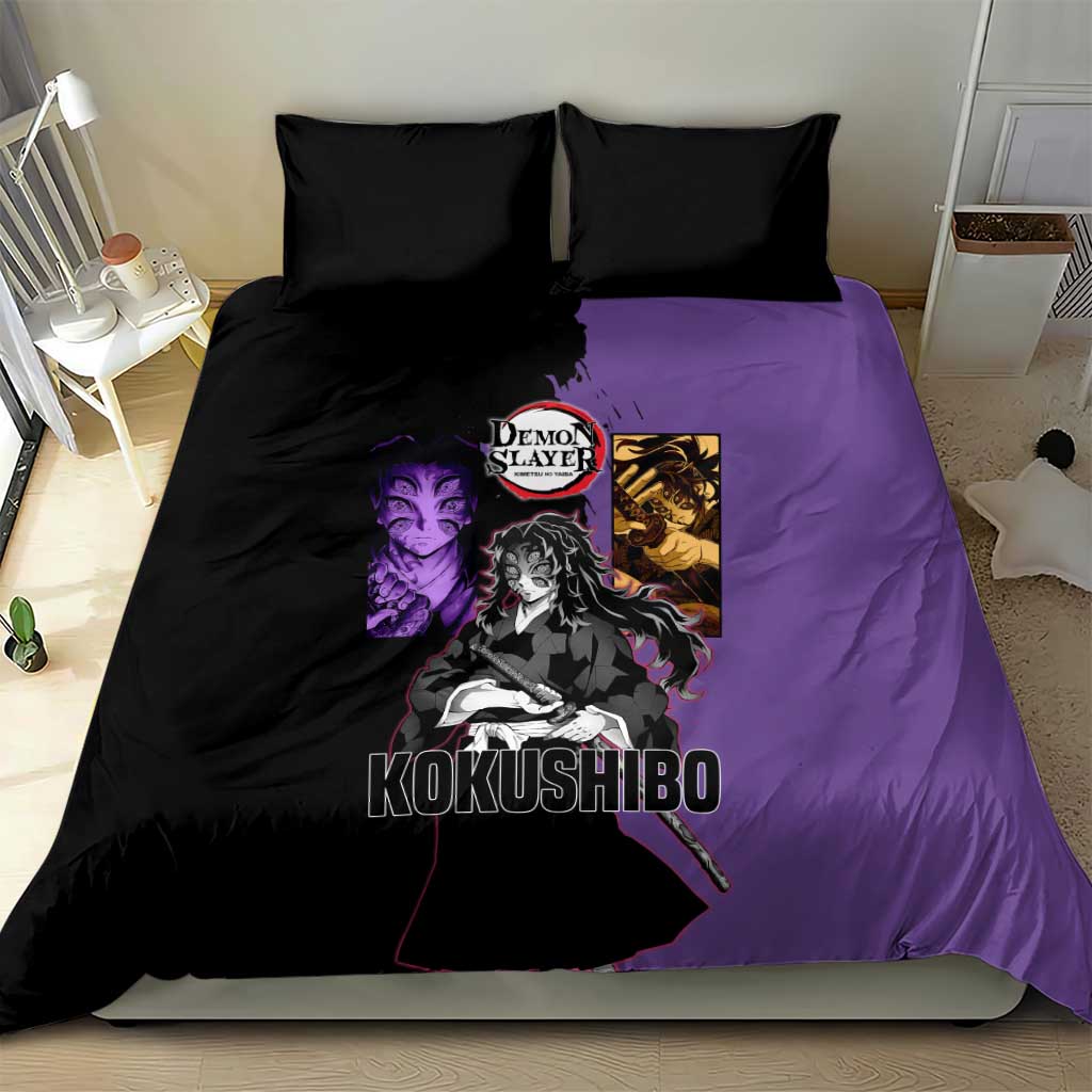 Kokushibo from Demon Slayer Bedding Set with Purple and Black Split Background and Sword Draw Manga Style Design - The Mazicc