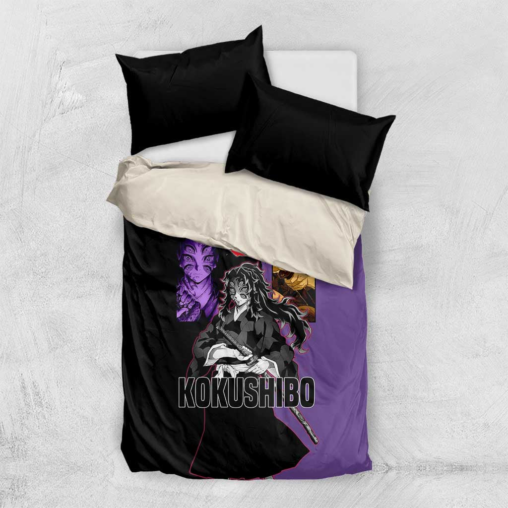 Kokushibo from Demon Slayer Bedding Set with Purple and Black Split Background and Sword Draw Manga Style Design - The Mazicc