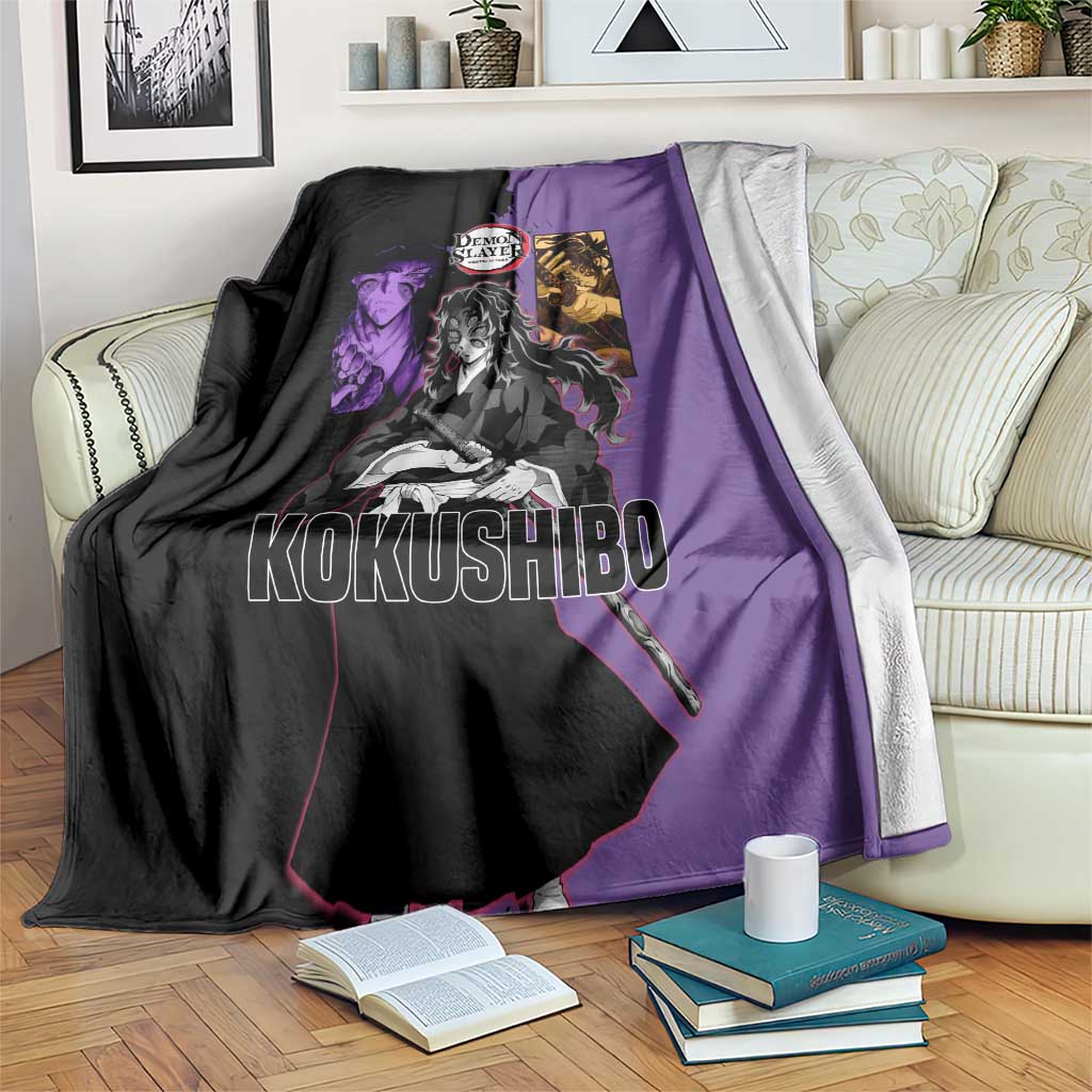 Kokushibo from Demon Slayer Blanket with Purple and Black Split Background and Sword Draw Manga Style Design - The Mazicc
