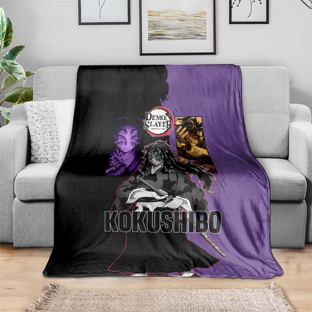 Kokushibo from Demon Slayer Blanket with Purple and Black Split Background and Sword Draw Manga Style Design - The Mazicc