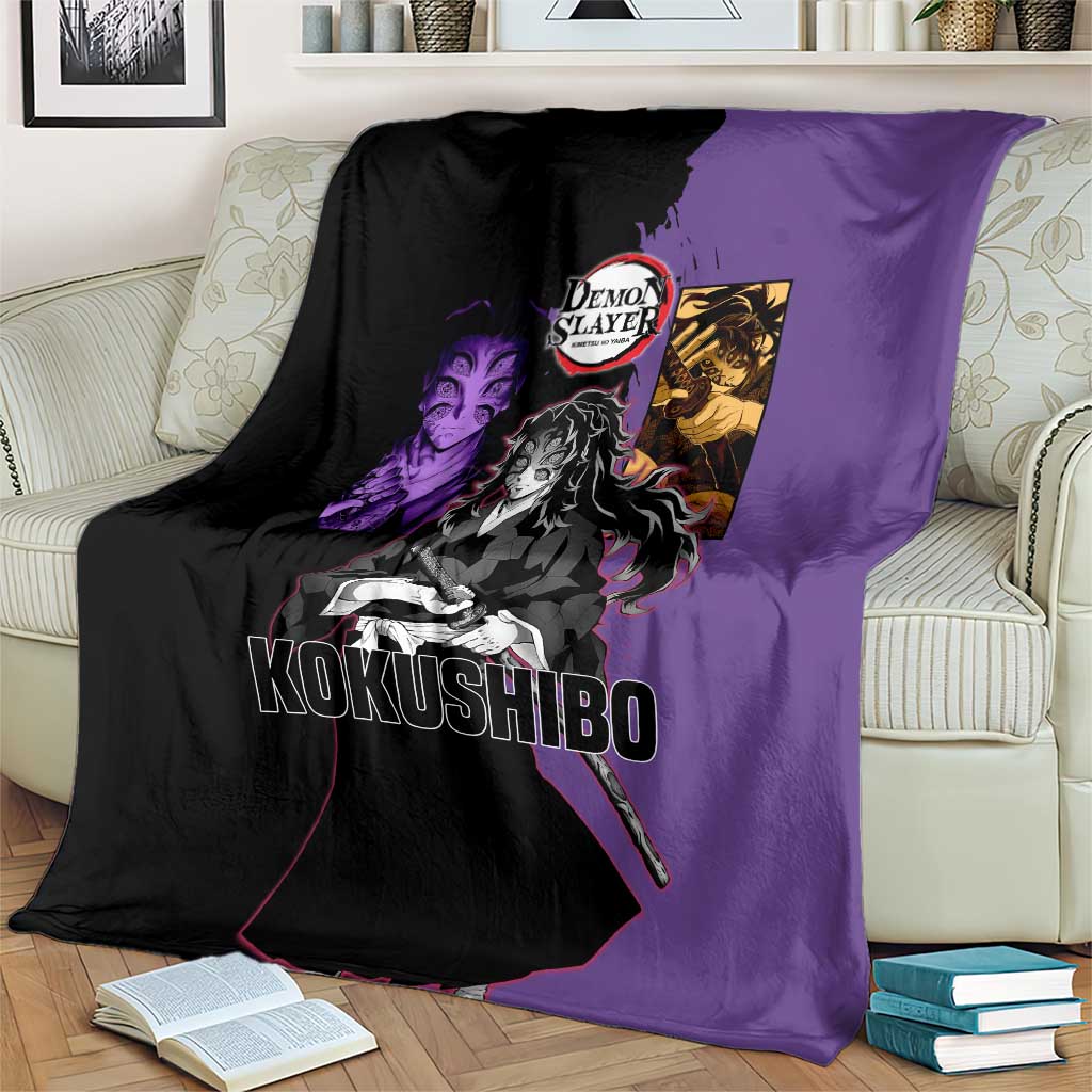 Kokushibo from Demon Slayer Blanket with Purple and Black Split Background and Sword Draw Manga Style Design - The Mazicc