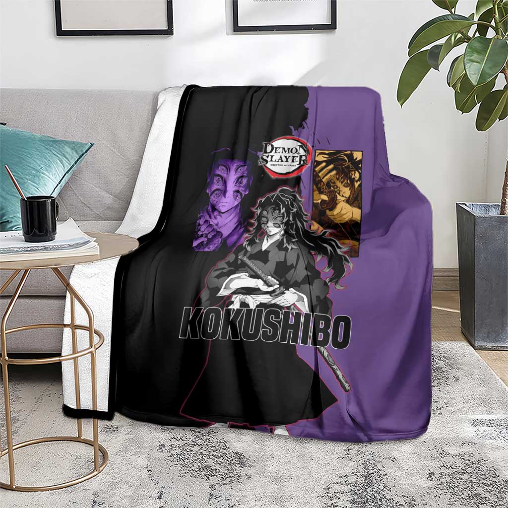 Kokushibo from Demon Slayer Blanket with Purple and Black Split Background and Sword Draw Manga Style Design - The Mazicc