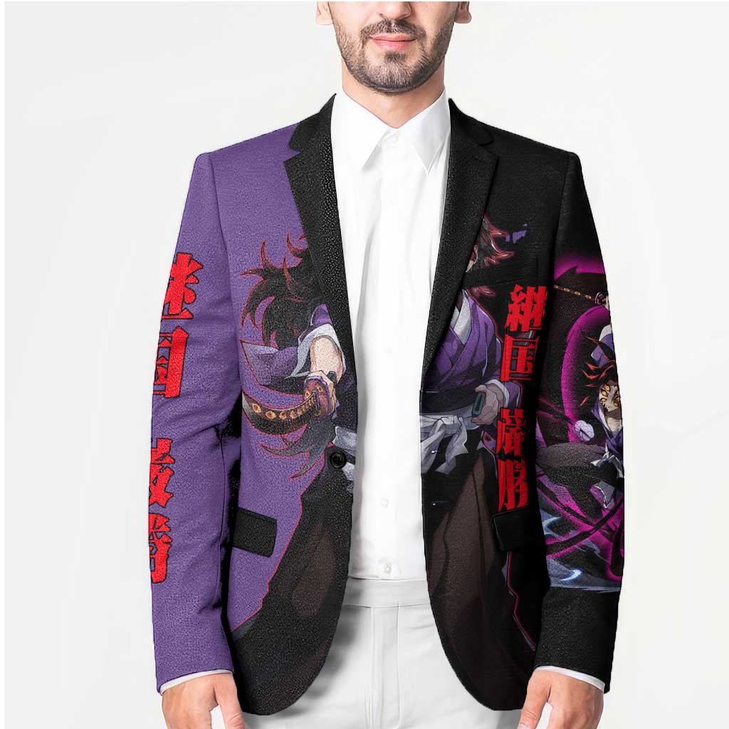 Kokushibo from Demon Slayer Blazer with Purple and Black Split Background and Sword Draw Manga Style Design - The Mazicc