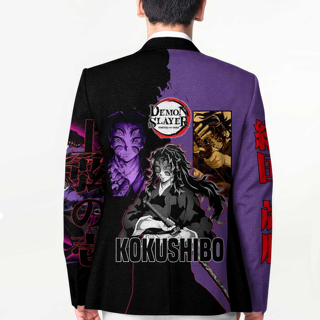 Kokushibo from Demon Slayer Blazer with Purple and Black Split Background and Sword Draw Manga Style Design - The Mazicc