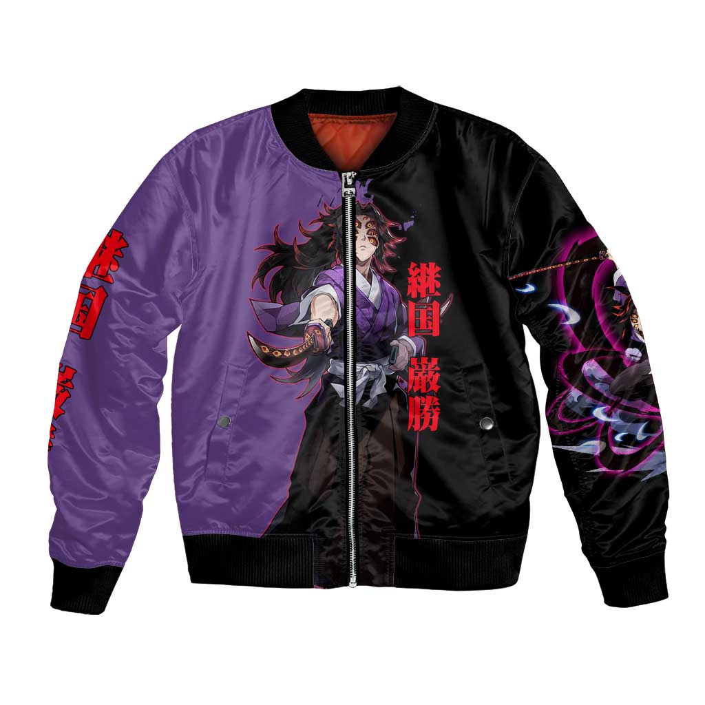 Kokushibo from Demon Slayer Bomber Jacket with Purple and Black Split Background and Sword Draw Manga Style Design - The Mazicc