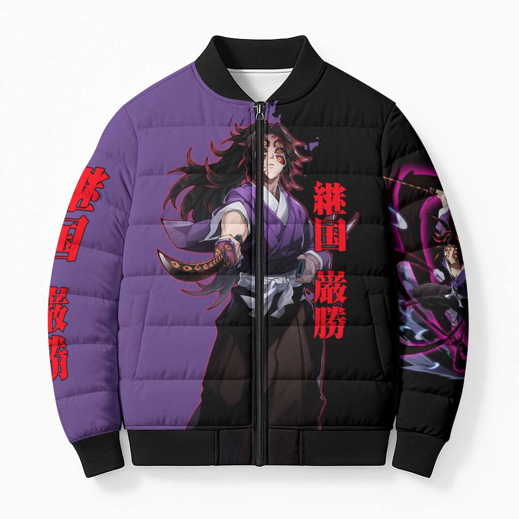 Kokushibo from Demon Slayer Bomber Puffer Jacket with Purple and Black Split Background and Sword Draw Manga Style Design - The Mazicc