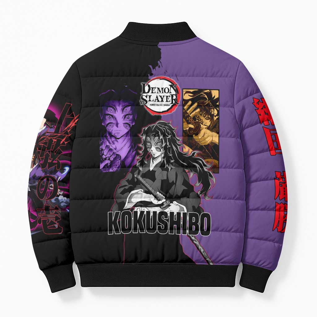 Kokushibo from Demon Slayer Bomber Puffer Jacket with Purple and Black Split Background and Sword Draw Manga Style Design - The Mazicc