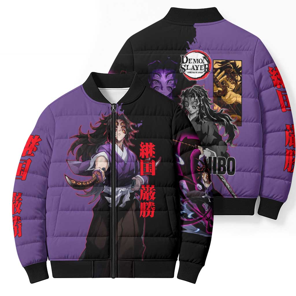 Kokushibo from Demon Slayer Bomber Puffer Jacket with Purple and Black Split Background and Sword Draw Manga Style Design - The Mazicc