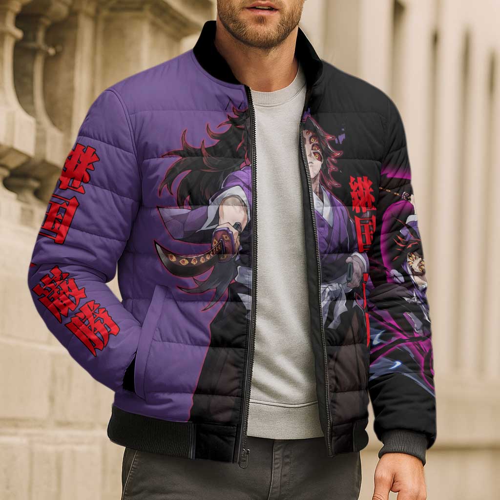 Kokushibo from Demon Slayer Bomber Puffer Jacket with Purple and Black Split Background and Sword Draw Manga Style Design - The Mazicc