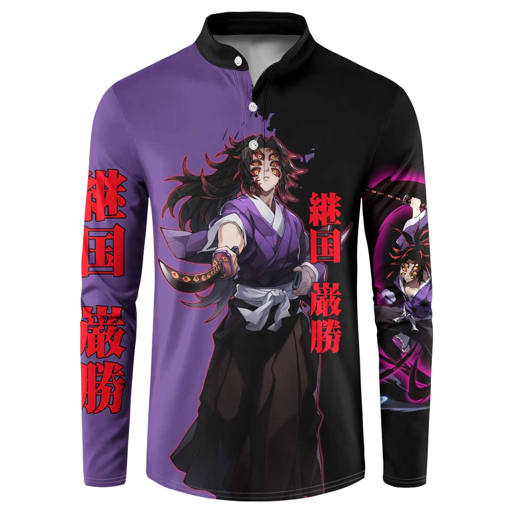 Kokushibo from Demon Slayer Button Sweatshirt with Purple and Black Split Background and Sword Draw Manga Style Design - The Mazicc