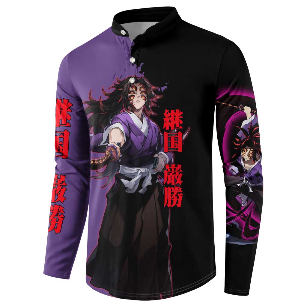 Kokushibo from Demon Slayer Button Sweatshirt with Purple and Black Split Background and Sword Draw Manga Style Design - The Mazicc