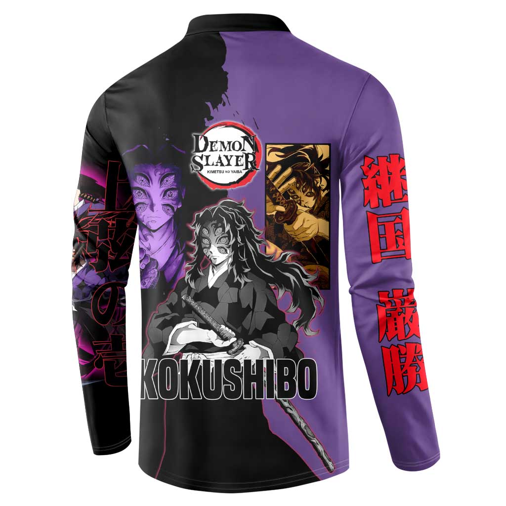 Kokushibo from Demon Slayer Button Sweatshirt with Purple and Black Split Background and Sword Draw Manga Style Design - The Mazicc