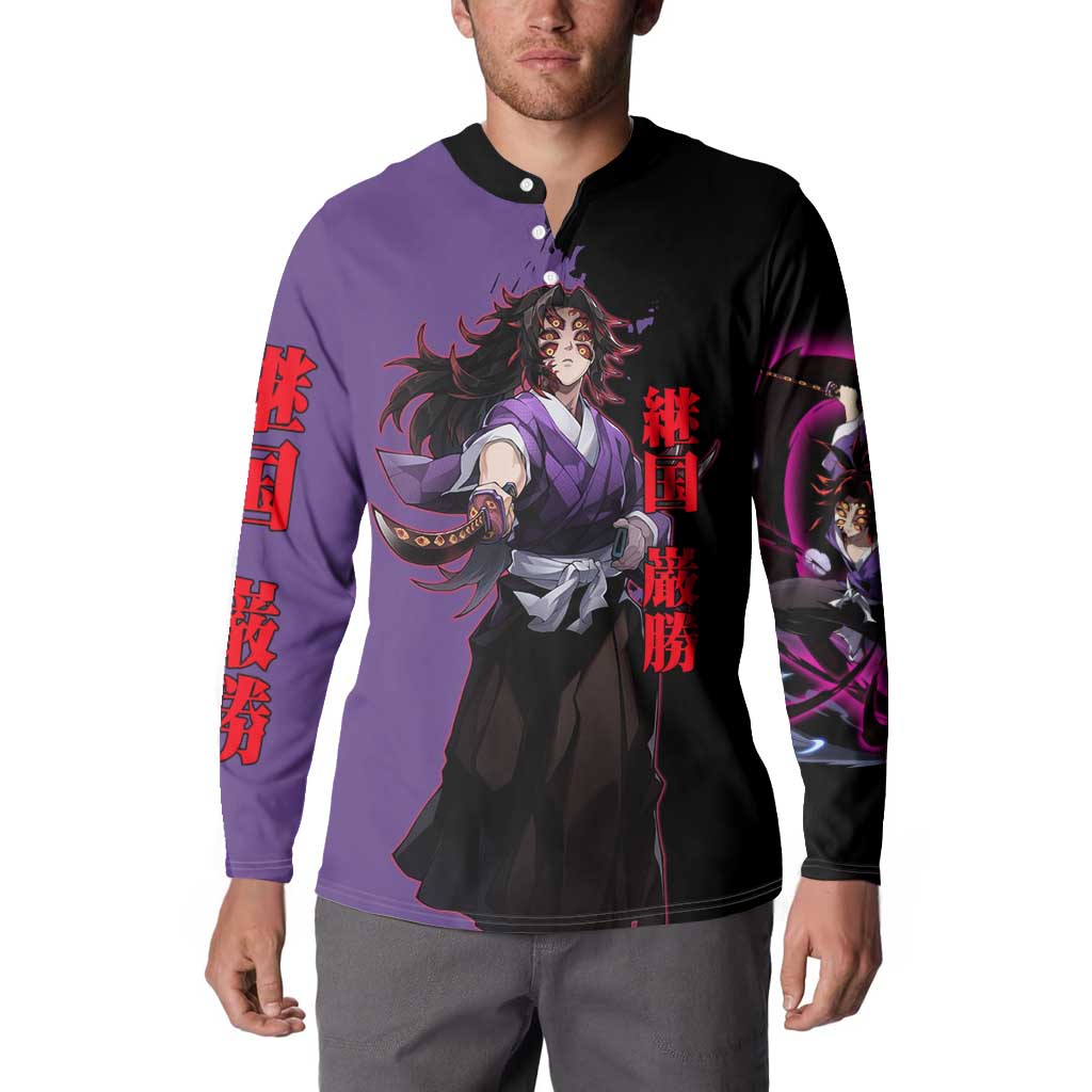 Kokushibo from Demon Slayer Button Sweatshirt with Purple and Black Split Background and Sword Draw Manga Style Design - The Mazicc