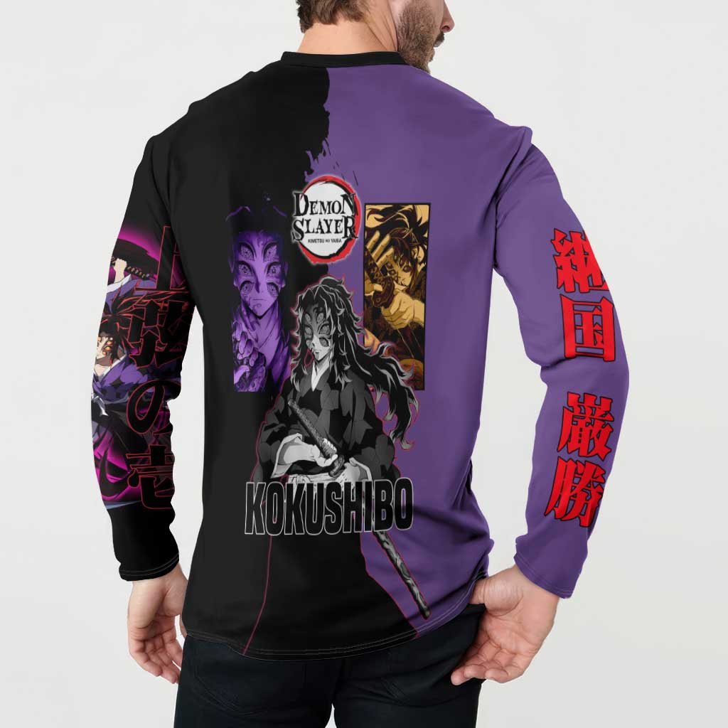 Kokushibo from Demon Slayer Button Sweatshirt with Purple and Black Split Background and Sword Draw Manga Style Design - The Mazicc