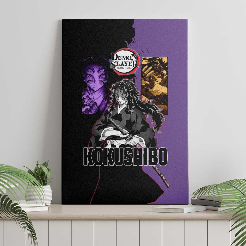 Kokushibo from Demon Slayer Canvas Wall Art with Purple and Black Split Background and Sword Draw Manga Style Design - The Mazicc