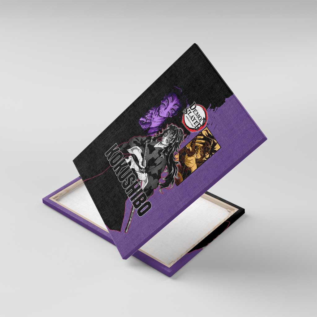 Kokushibo from Demon Slayer Canvas Wall Art with Purple and Black Split Background and Sword Draw Manga Style Design - The Mazicc