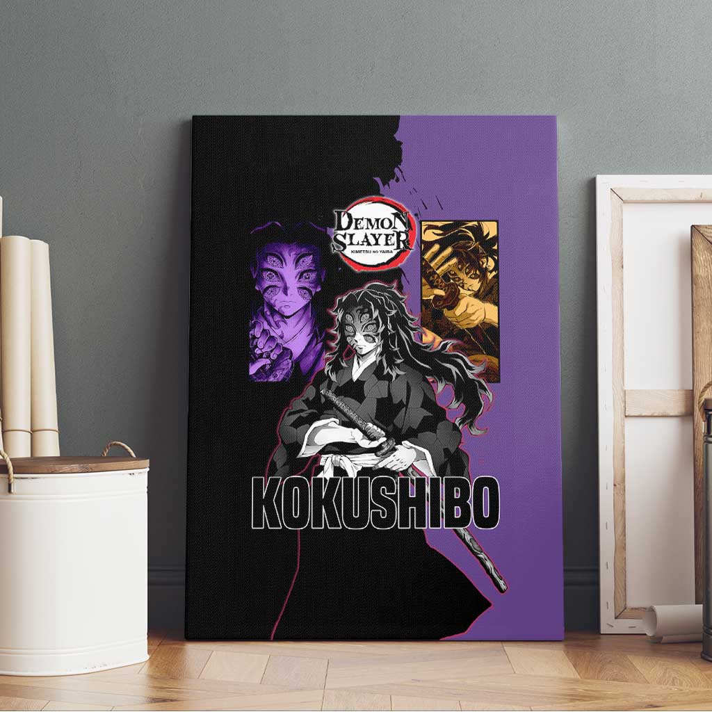Kokushibo from Demon Slayer Canvas Wall Art with Purple and Black Split Background and Sword Draw Manga Style Design - The Mazicc