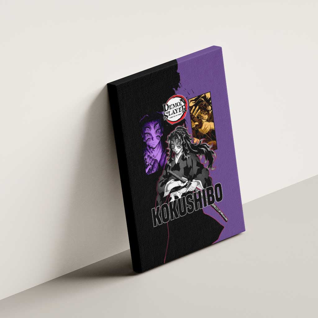 Kokushibo from Demon Slayer Canvas Wall Art with Purple and Black Split Background and Sword Draw Manga Style Design - The Mazicc