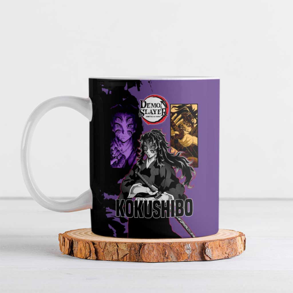 Kokushibo from Demon Slayer Ceramic Mug with Purple and Black Split Background and Sword Draw Manga Style Design - The Mazicc