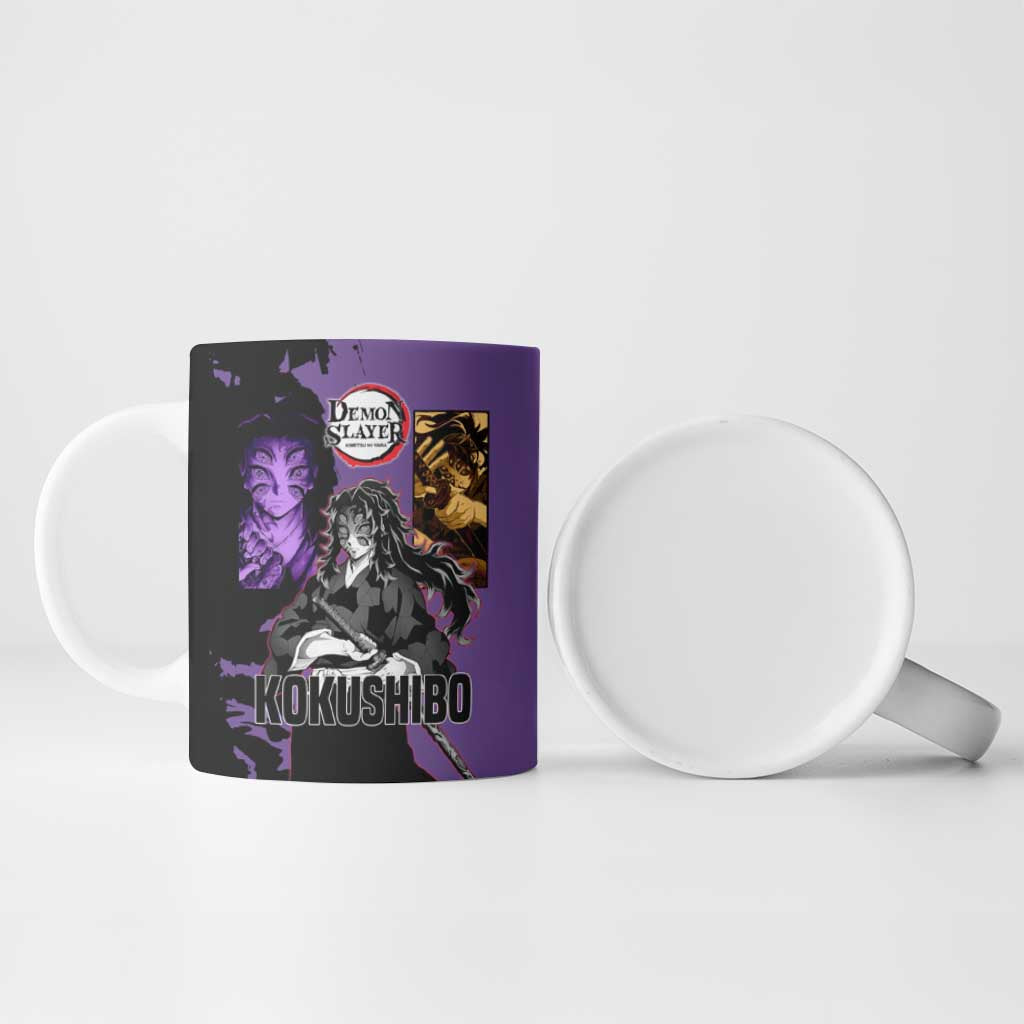 Kokushibo from Demon Slayer Ceramic Mug with Purple and Black Split Background and Sword Draw Manga Style Design - The Mazicc